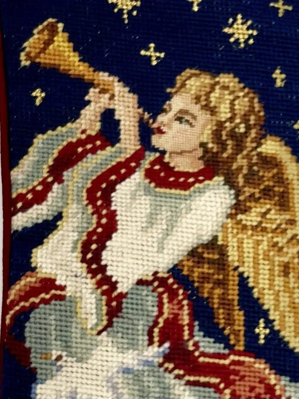Vintage Imperial Elegance Wool Needlepoint Christmas Angel Stocking Velvet Red